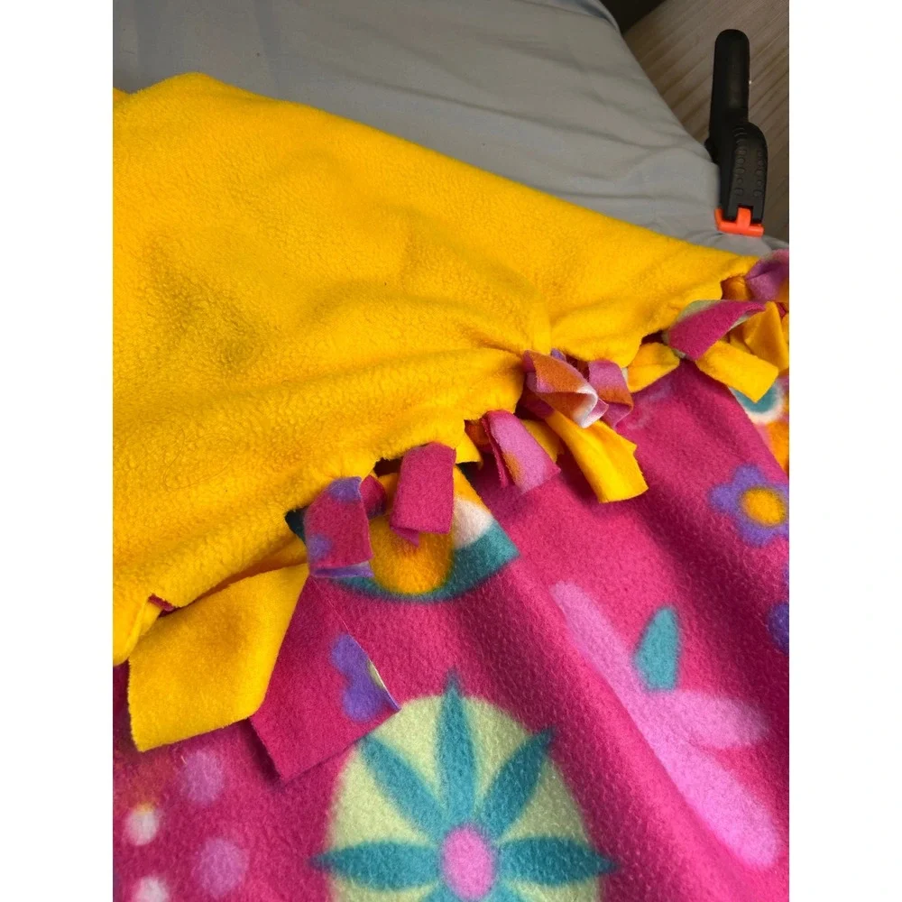Handmade Pink Floral Ladybug Fleece Tie Blanket Yellow Reverse‎ Throw 50x48